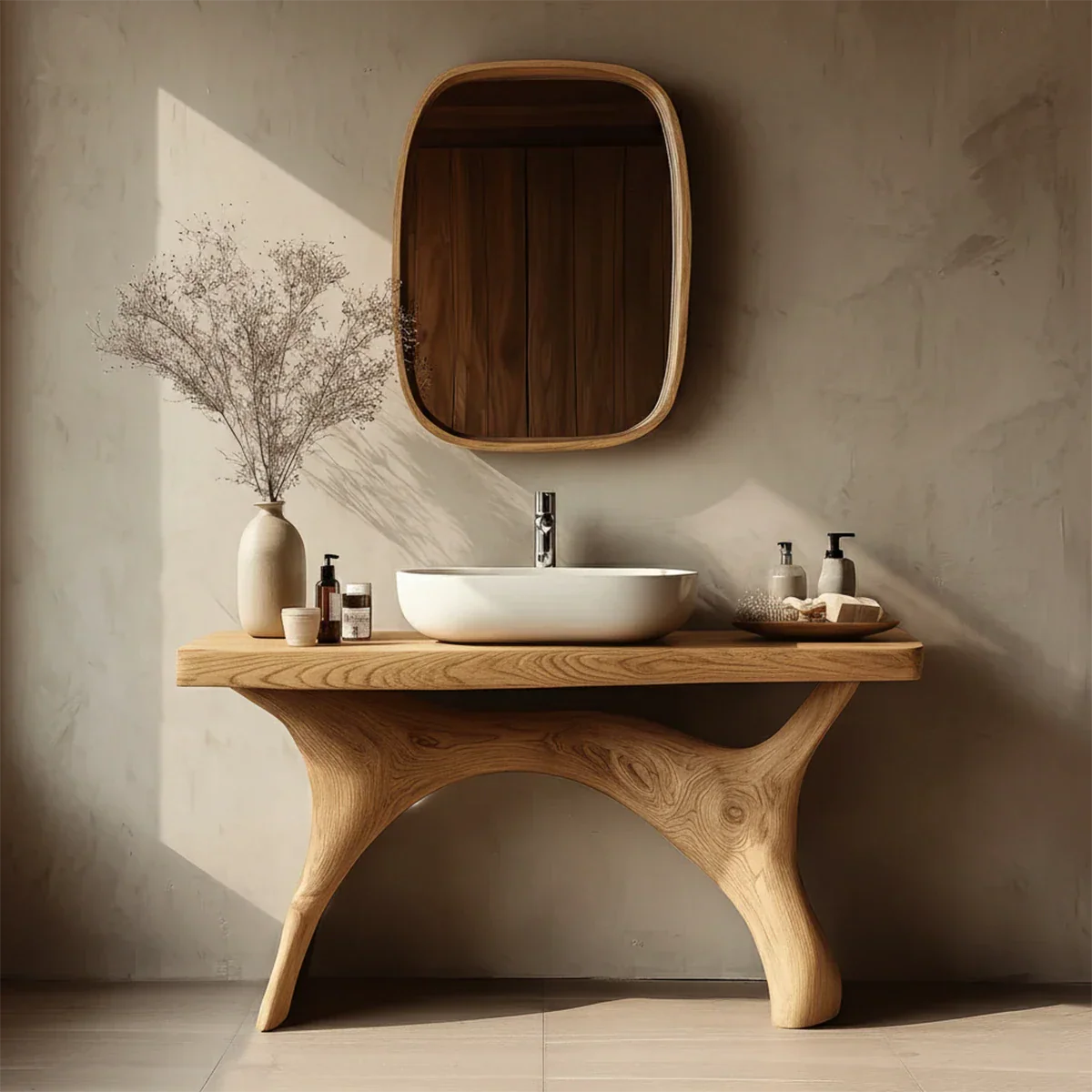 Organic oak wood bathroom vanity with sculpted legs