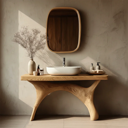 Organic oak wood bathroom vanity with sculpted legs
