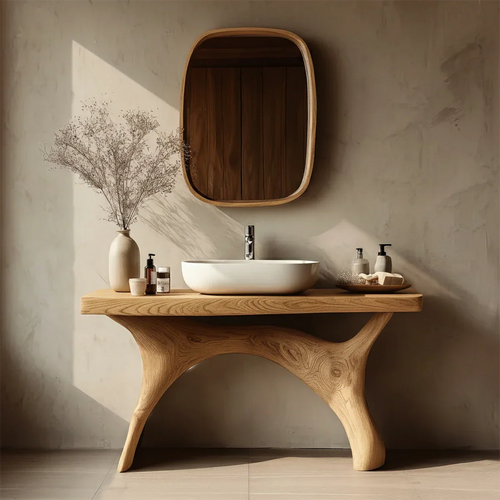 Organic oak wood bathroom vanity with sculpted legs