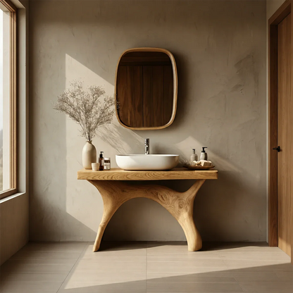 Symmetrical Sculptural Bathroom Vanity Natural Solid Wood Arched Base