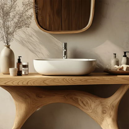 Contemporary oak wood vanity with carved leg design