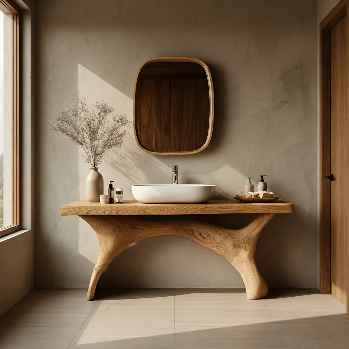 Symmetrical Sculptural Bathroom Vanity Natural Solid Wood Arched Base