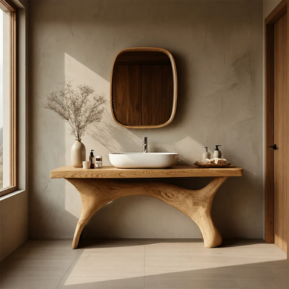 Symmetrical Sculptural Bathroom Vanity Natural Solid Wood Arched Base
