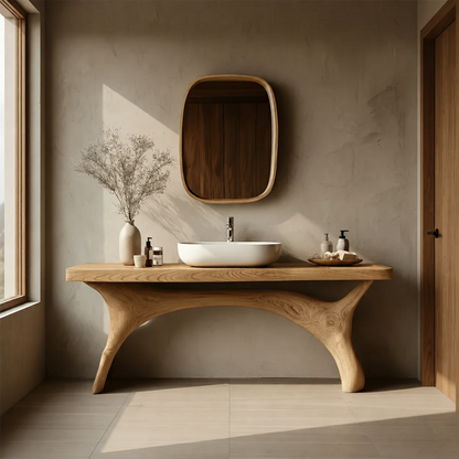 Symmetrical Sculptural Bathroom Vanity Natural Solid Wood Arched Base