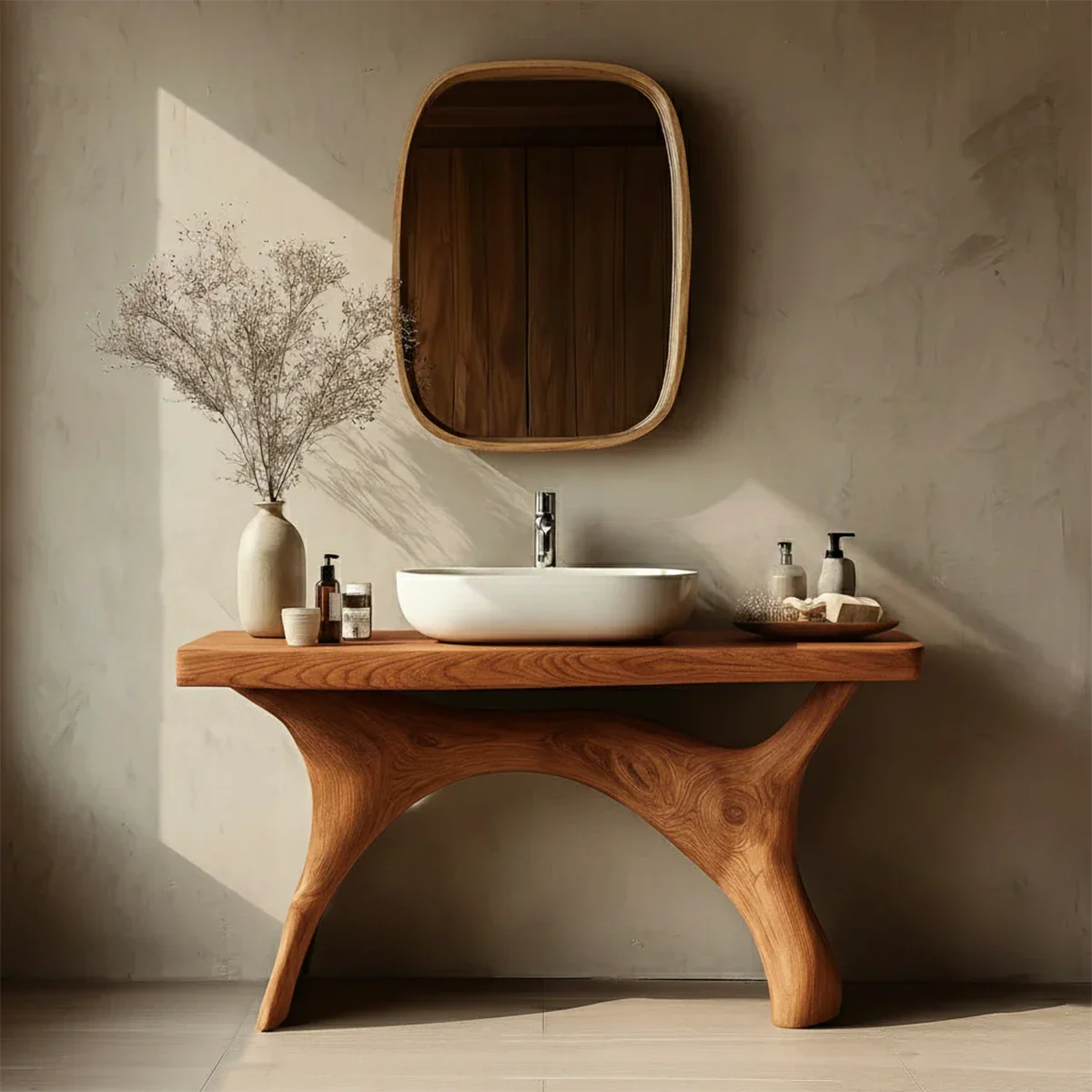 Elegant oak bathroom vanity with sculpted support