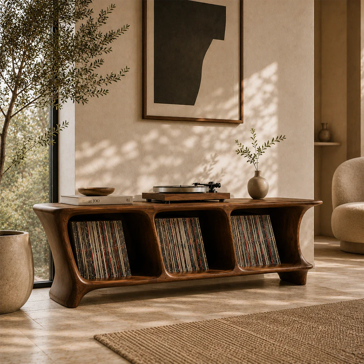 Organic record player stand with open LP storage and sculptural low profile design