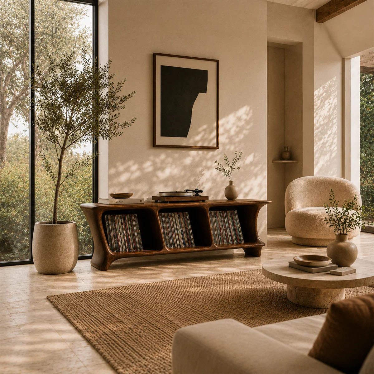 Modern turntable stand featuring spacious vinyl storage and rounded open shelving