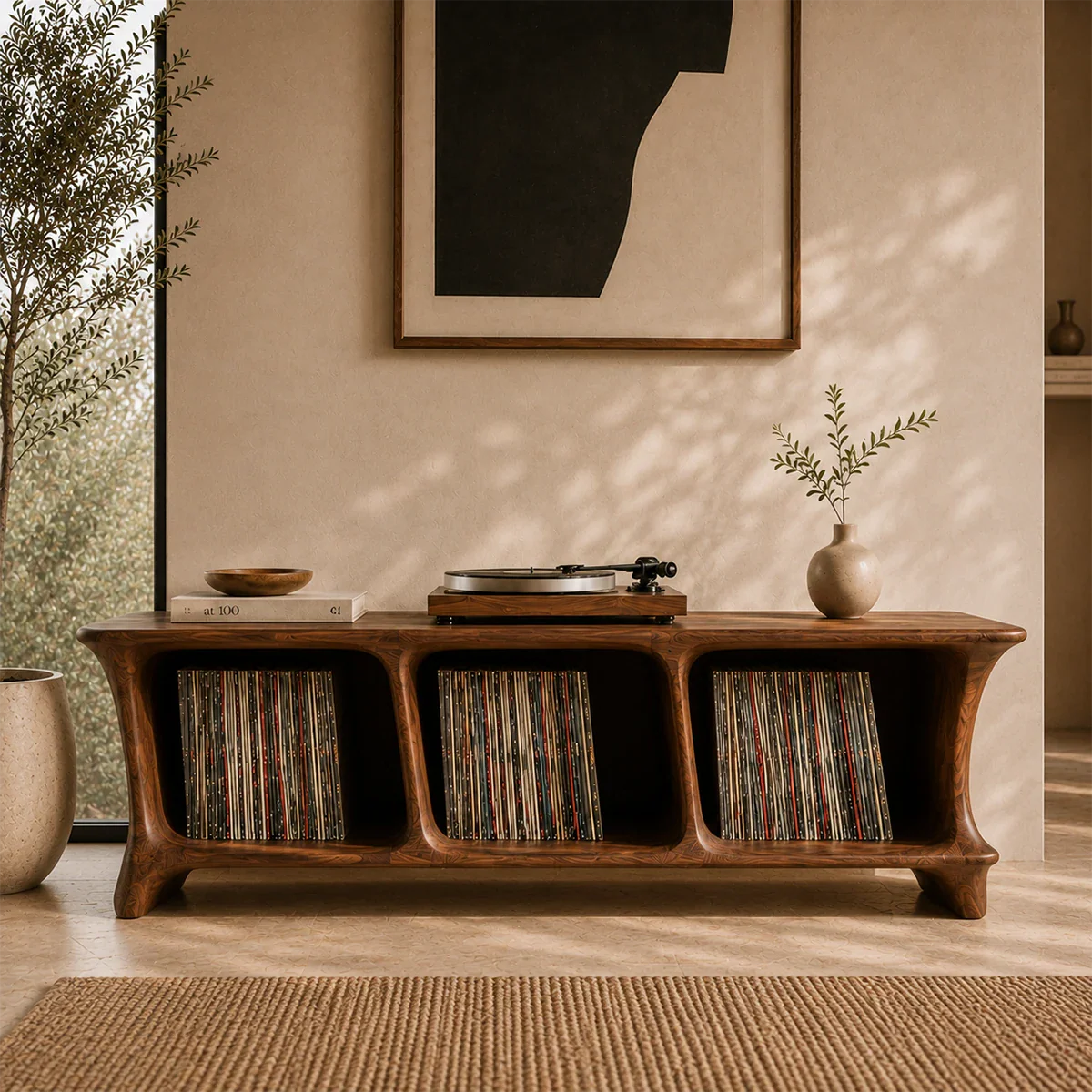 Contemporary vinyl record stand with open compartments for LP album organization