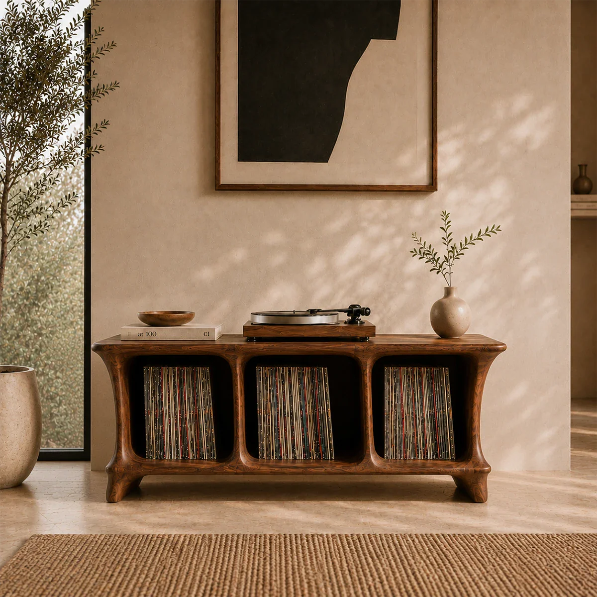 Handcrafted audio storage stand with rounded shelving for turntables and LPs