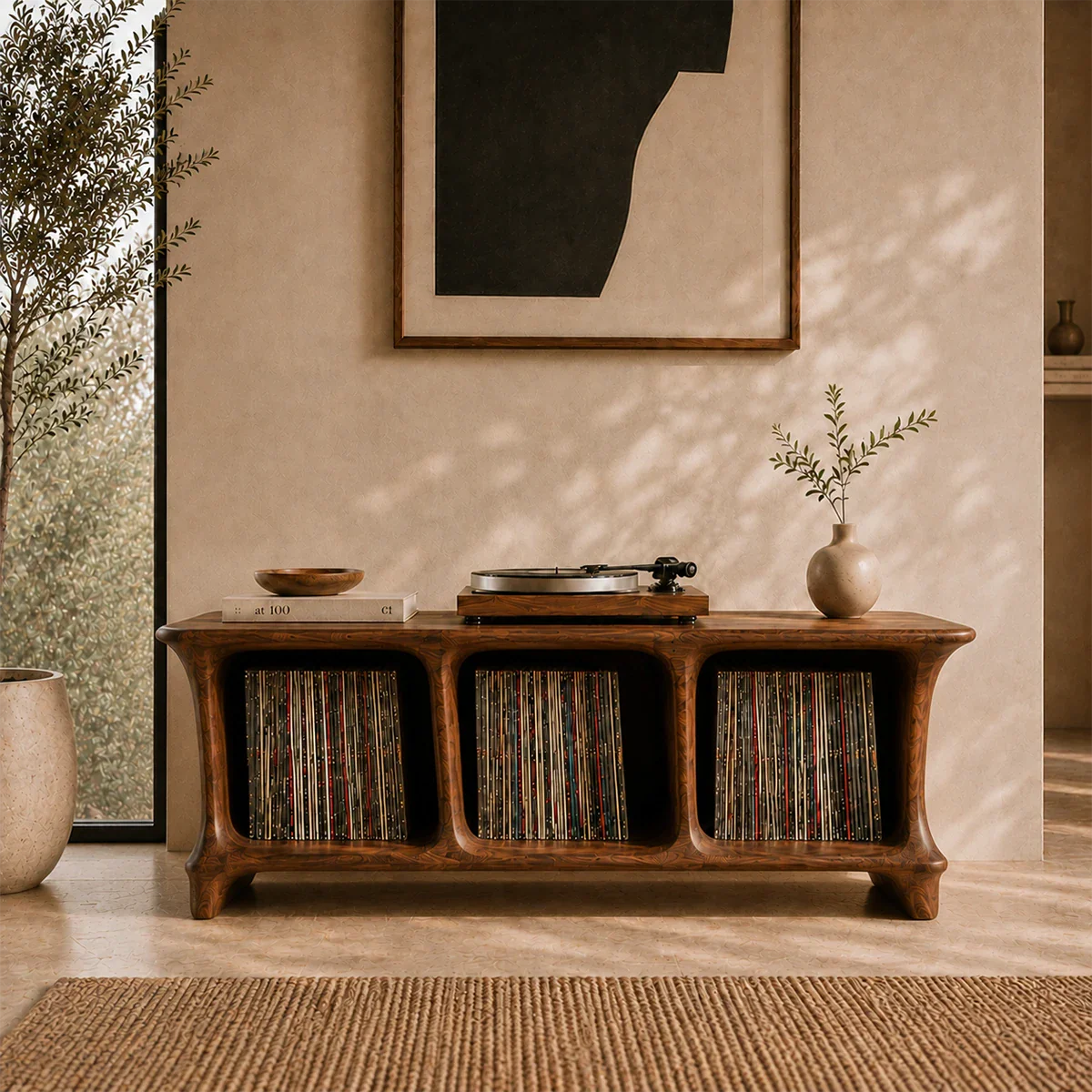 Modern LP storage furniture offering open record compartments and display top