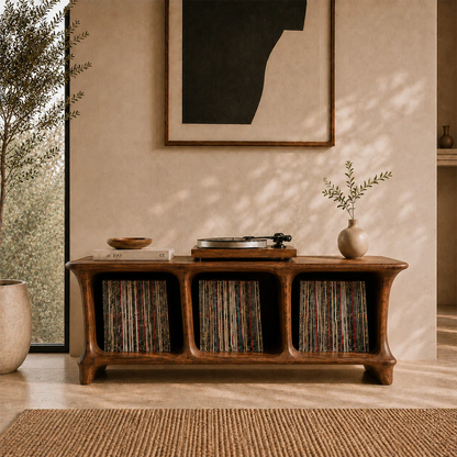 Modern LP storage furniture offering open record compartments and display top
