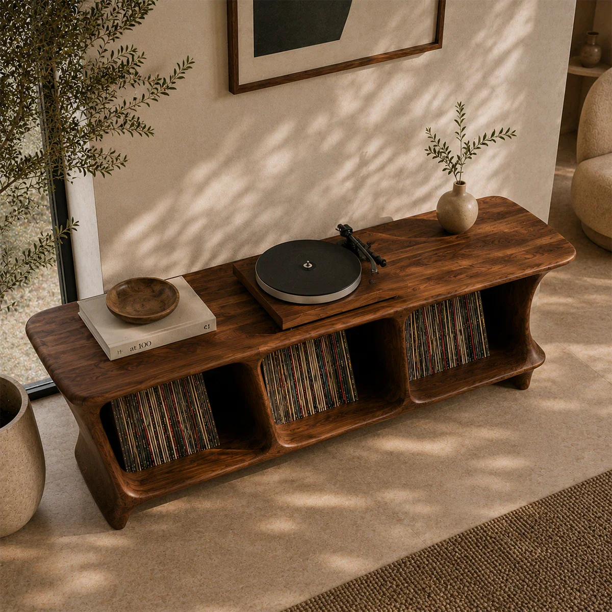 Organic modern vinyl storage furniture with dedicated turntable platform and shelves