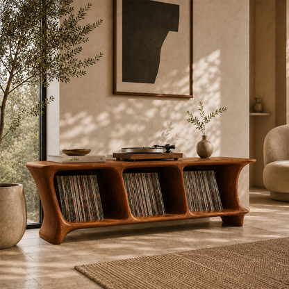Designer LP storage stand featuring curved compartments for records and audio gear