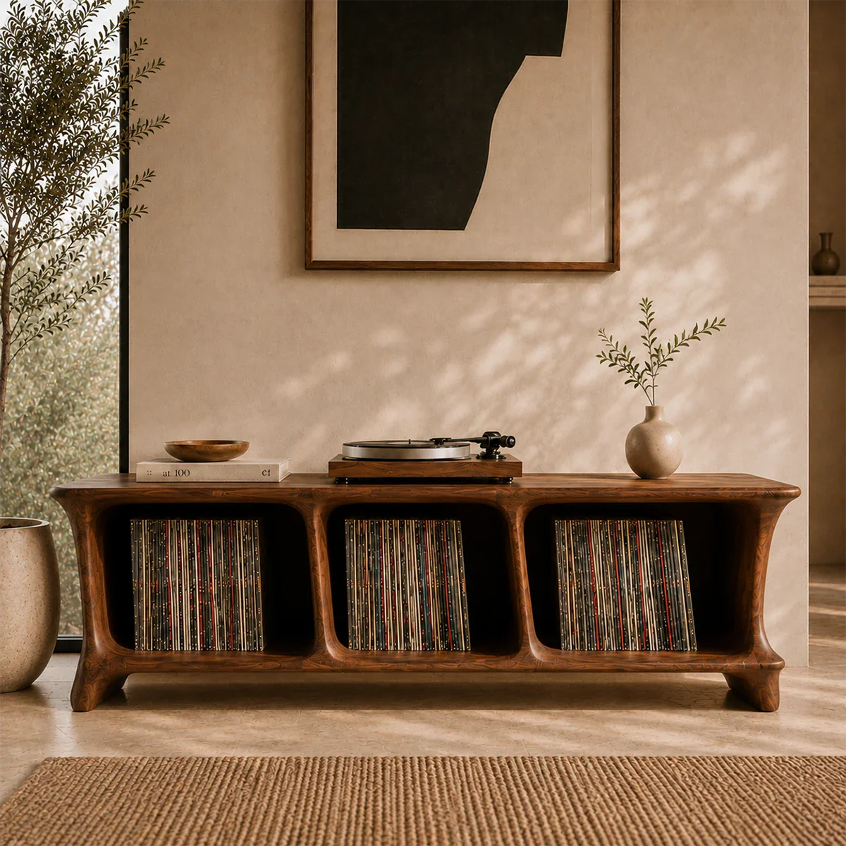 Luxury record player storage cabinet with sculptural shelving for vinyl collections