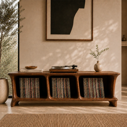 Luxury record player storage cabinet with sculptural shelving for vinyl collections