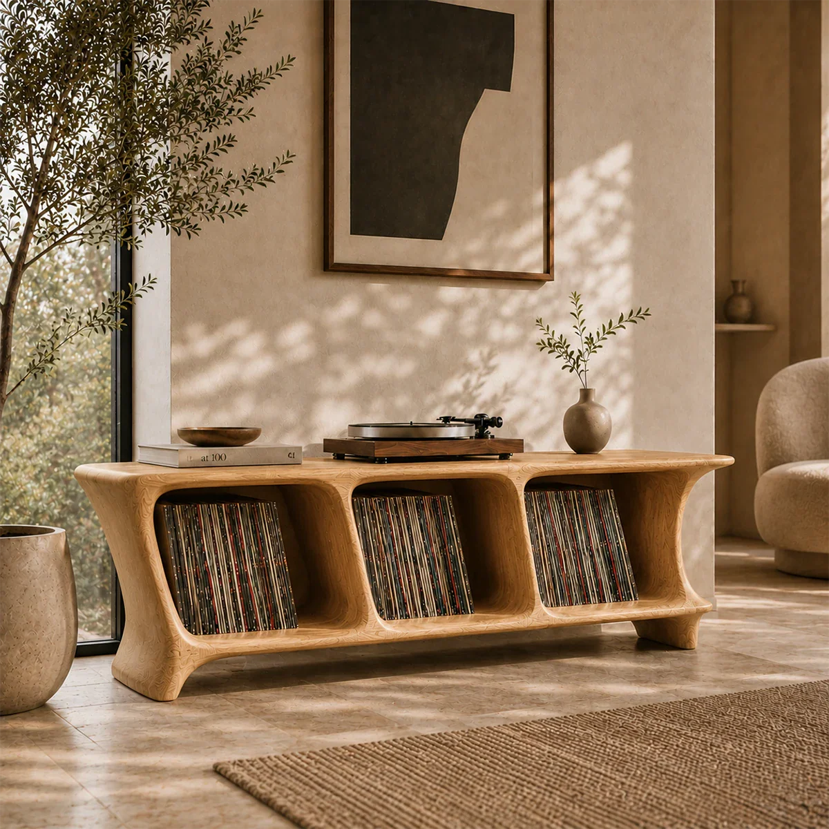 Contemporary record storage cabinet with spacious open shelving for vinyl albums