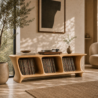 Contemporary record storage cabinet with spacious open shelving for vinyl albums