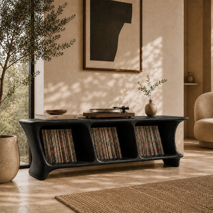 Elegant turntable furniture with organized LP storage and sculptural silhouette