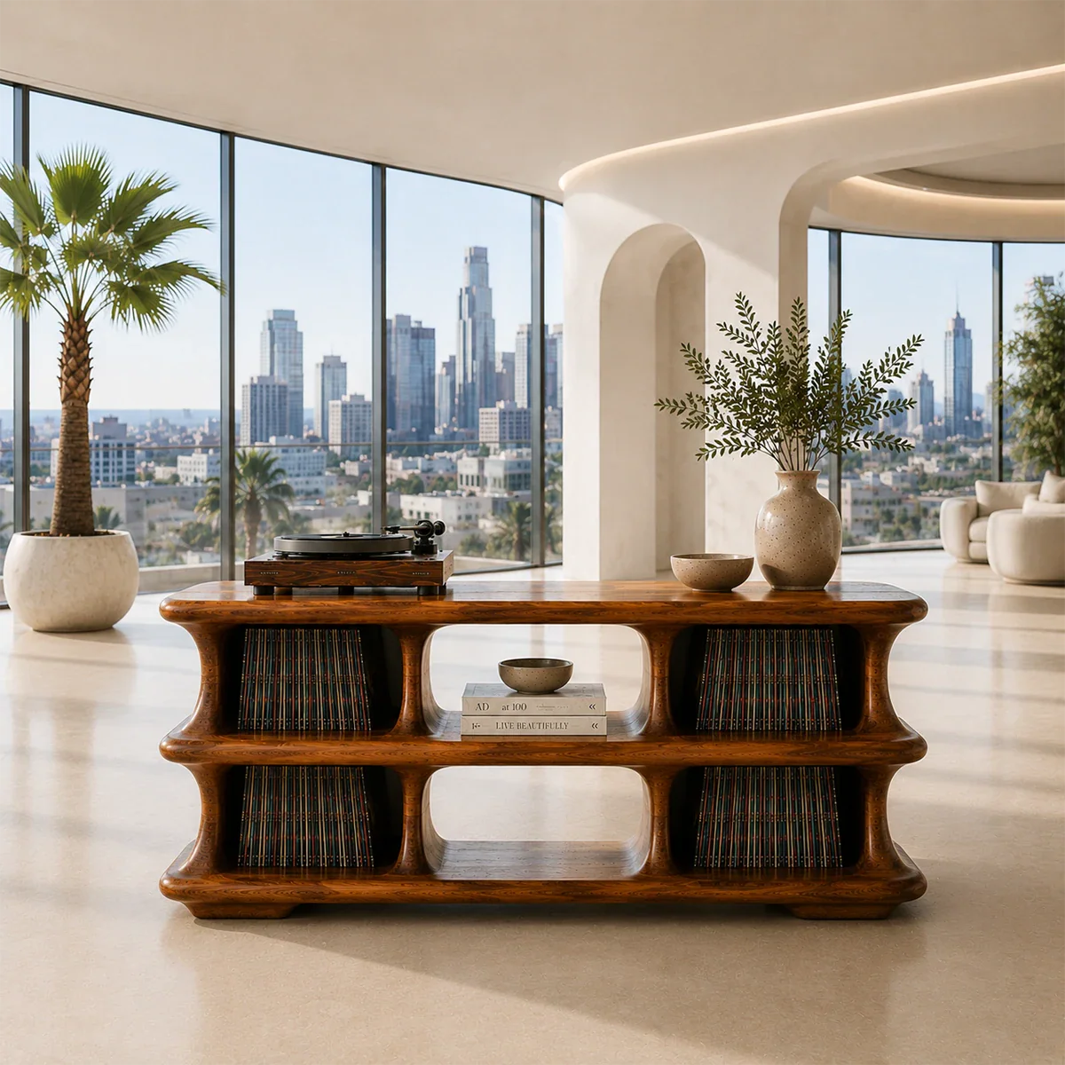 Contemporary vinyl record stand with integrated LP storage and display surface