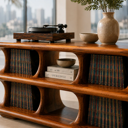 Sculptural record player cabinet with open shelving for organized vinyl collections