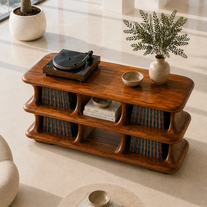 Organic modern vinyl storage stand with spacious shelves for records and turntable