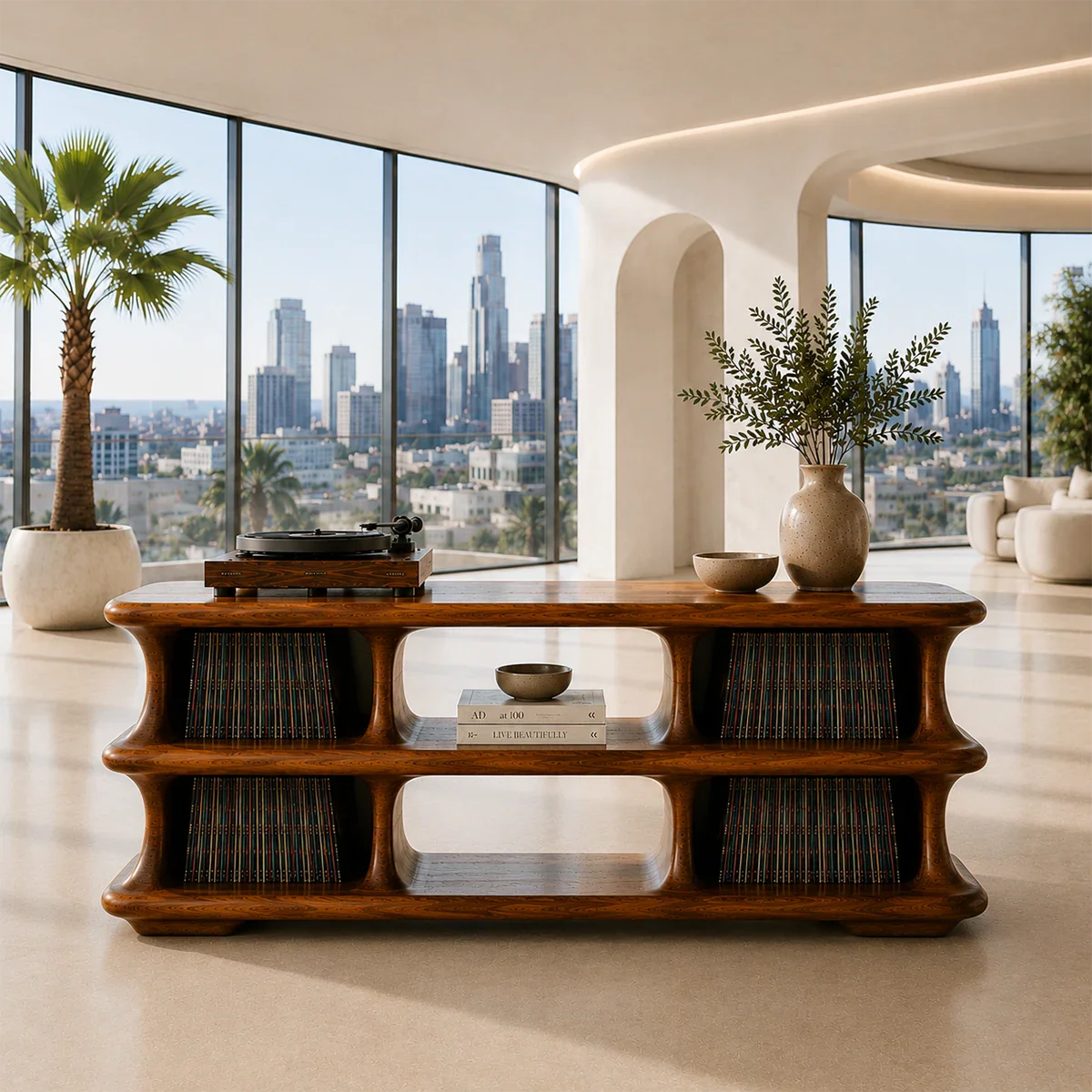 Modern audio furniture offering open vinyl storage and spacious record display