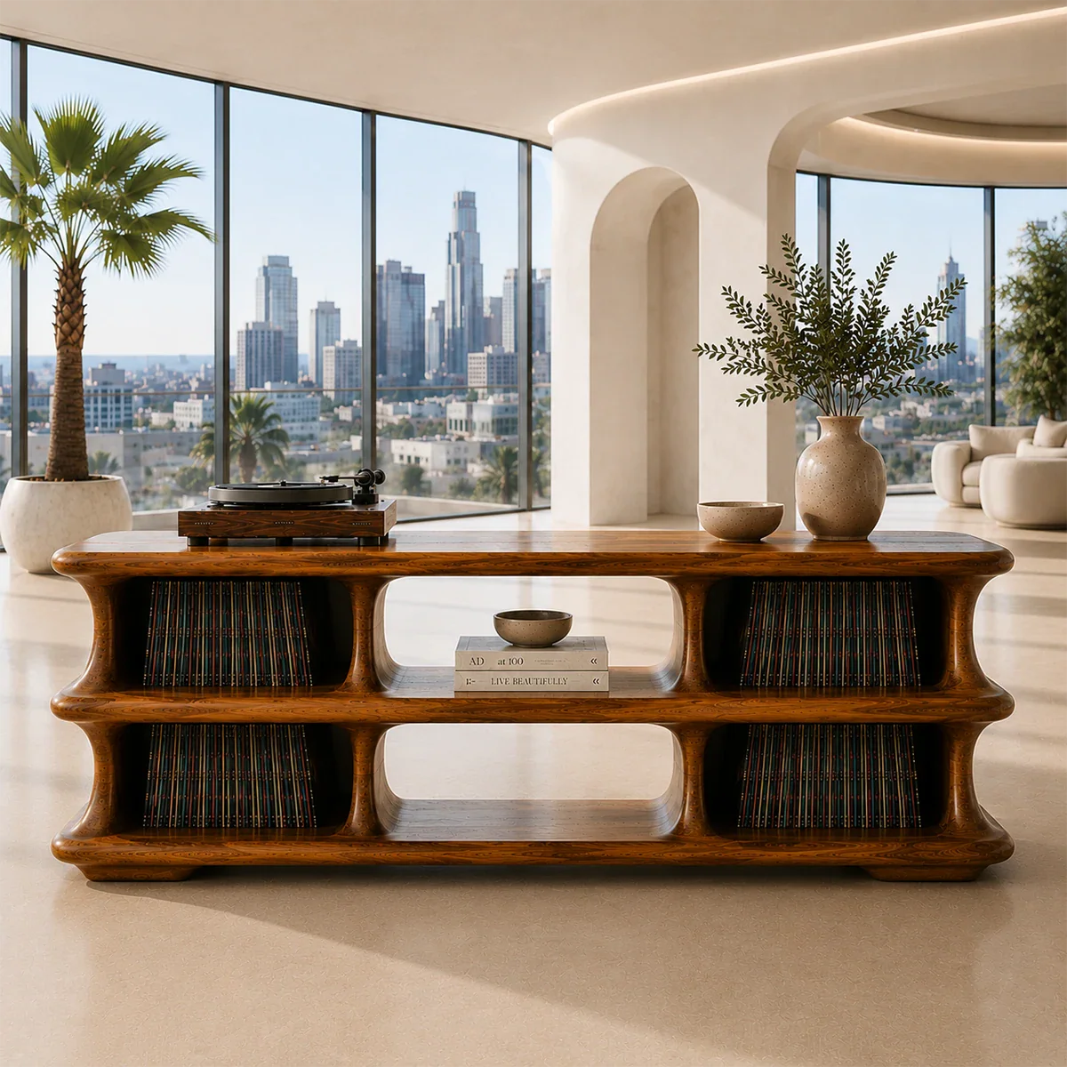Luxury record player furniture with sculptural open shelving for LP collections
