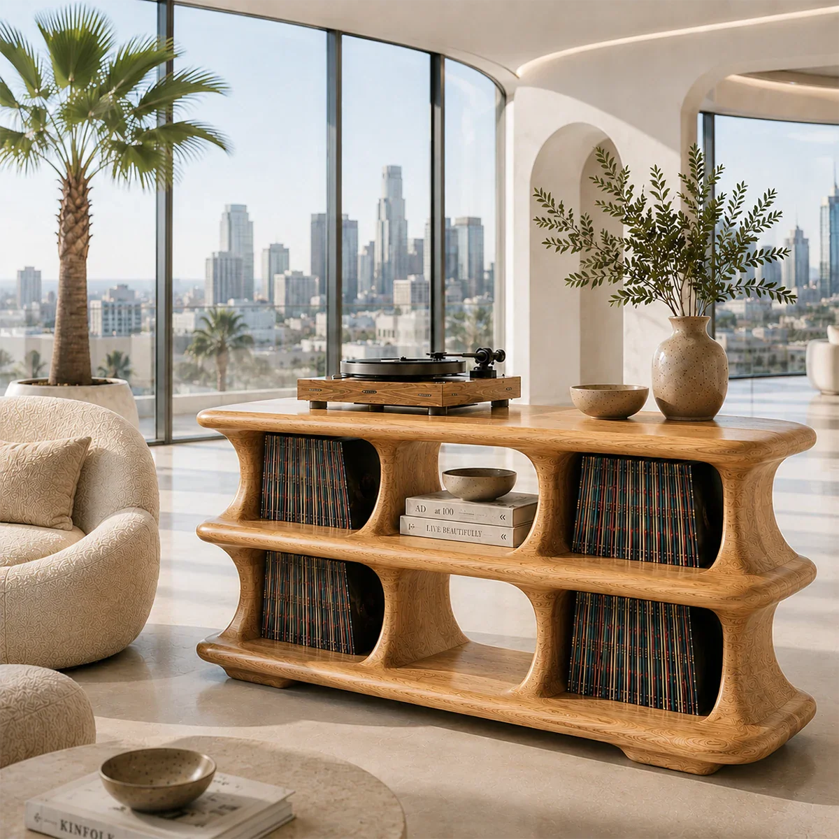Contemporary record storage stand featuring sculpted compartments for vinyl albums