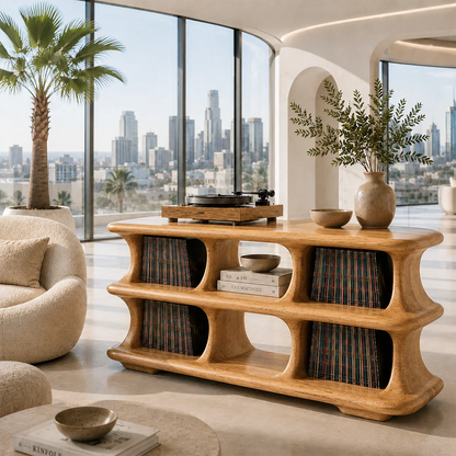 Contemporary record storage stand featuring sculpted compartments for vinyl albums