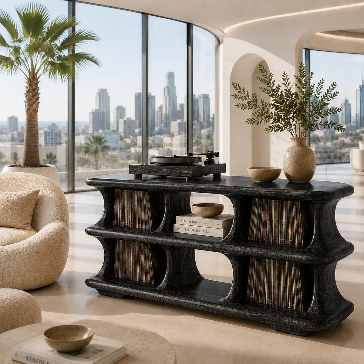 Elegant turntable furniture with open LP storage and smooth organic silhouette
