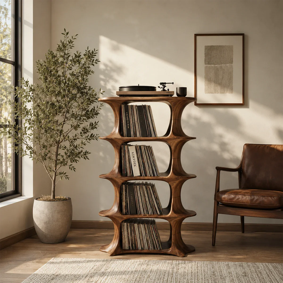 Organic record player stand with vertical vinyl storage and sculptural open shelving