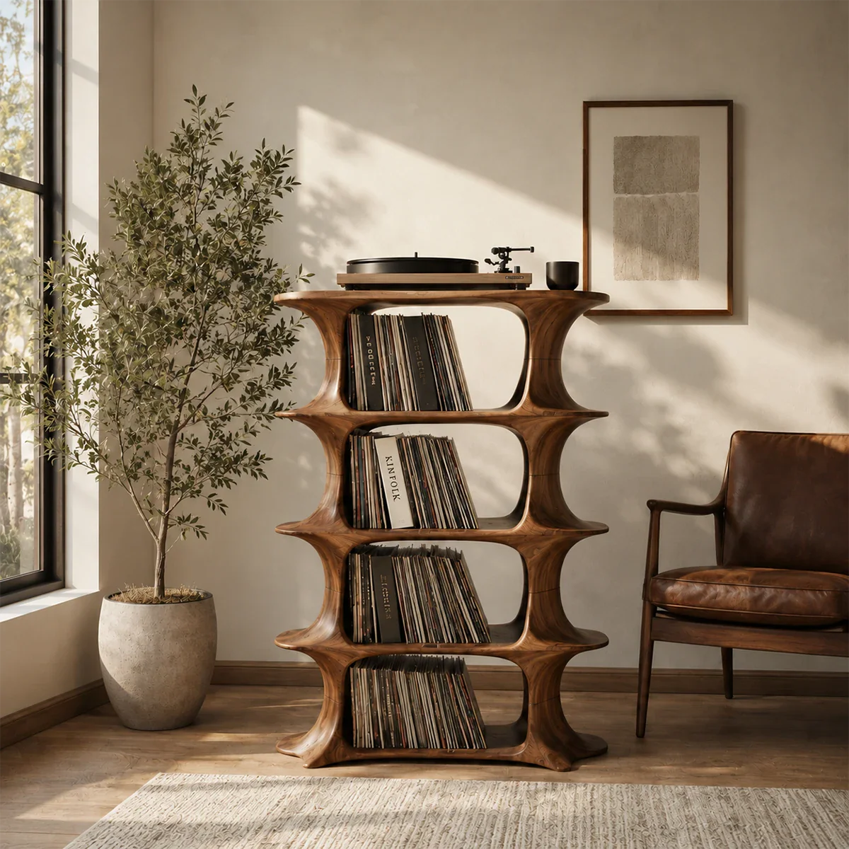 Handcrafted audio storage stand with open vinyl compartments and modern silhouette