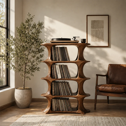 Handcrafted audio storage stand with open vinyl compartments and modern silhouette