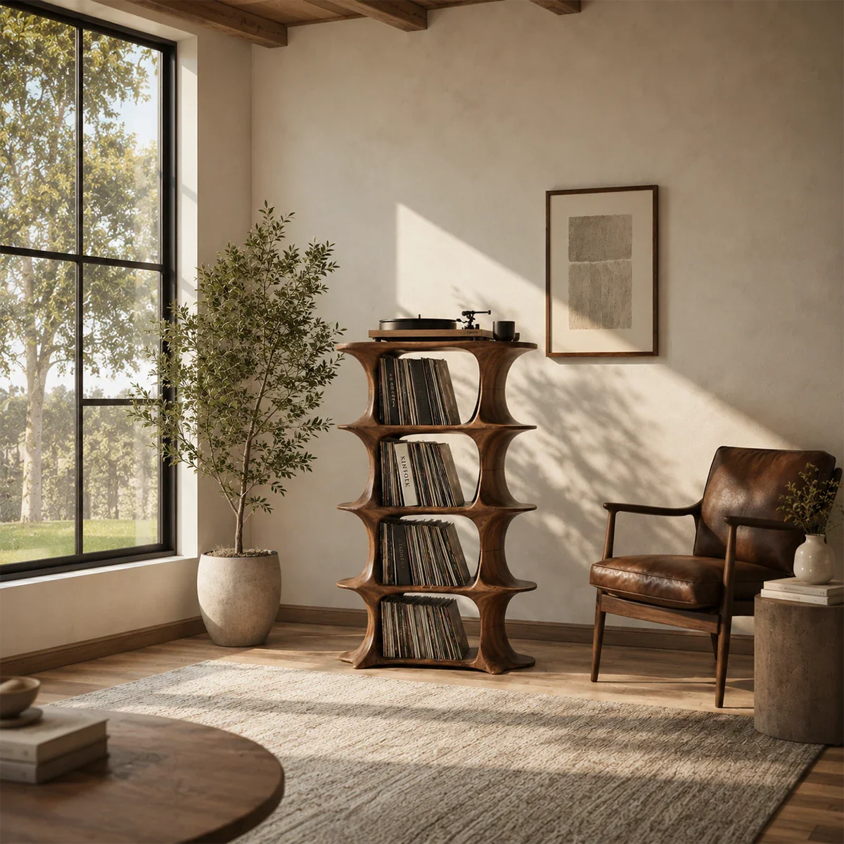 Modern turntable stand featuring tall LP storage and flowing organic shelf design