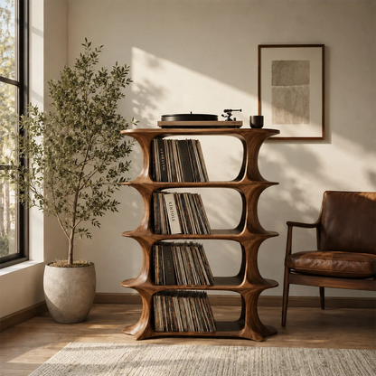 Modern LP storage furniture designed for turntables and organized record collections