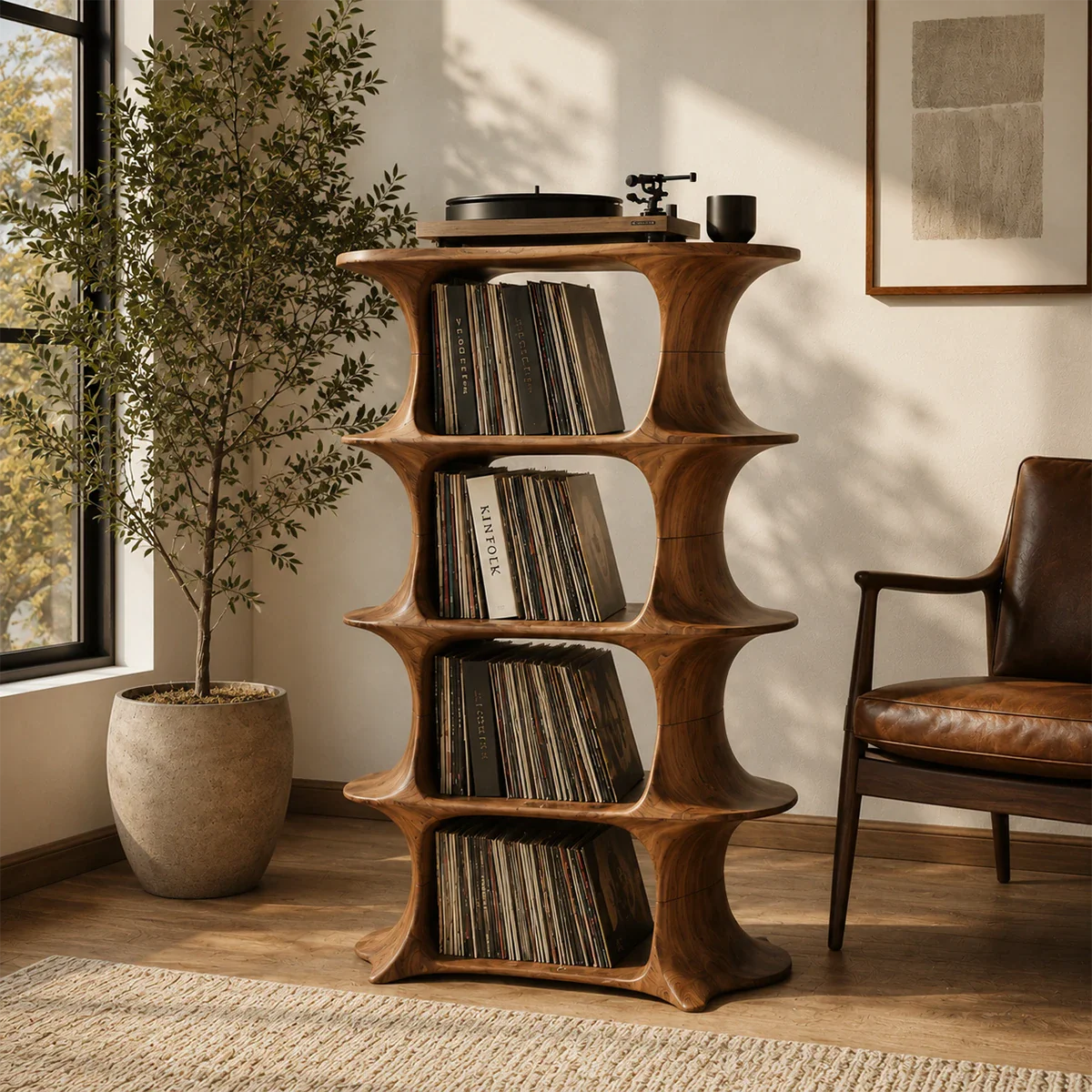 Contemporary vinyl record stand with open shelves for albums and turntable display