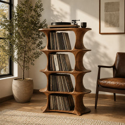 Contemporary vinyl record stand with open shelves for albums and turntable display