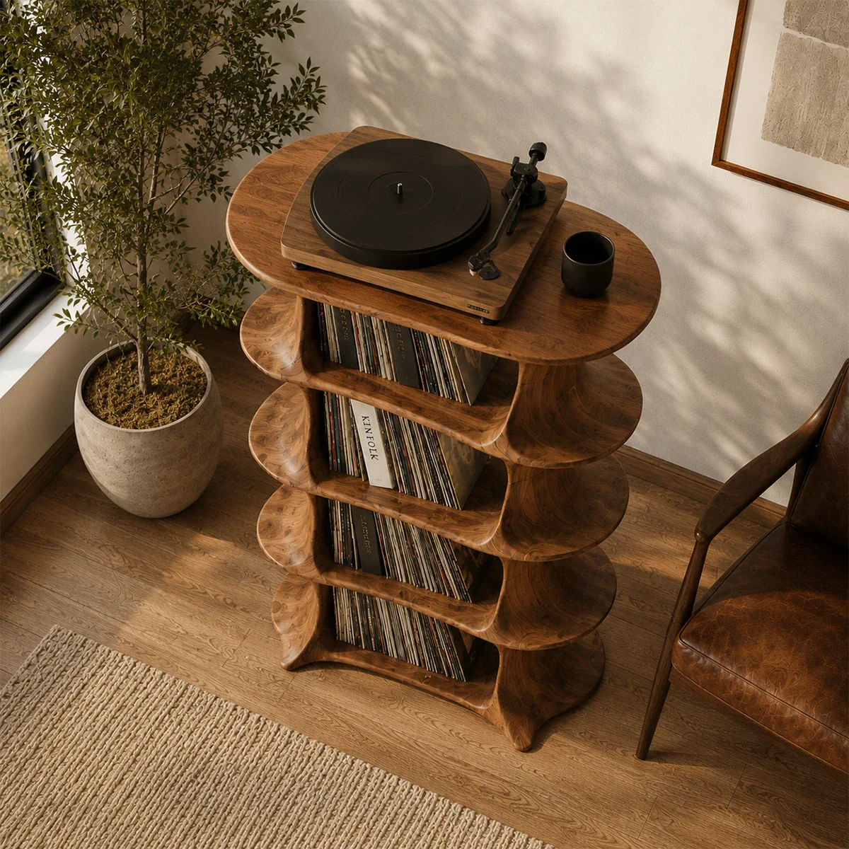 Organic modern vinyl storage furniture with dedicated turntable display and LP shelves