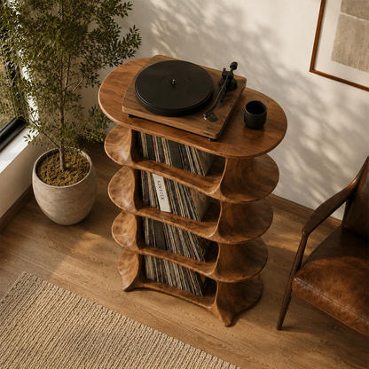 Organic modern vinyl storage furniture with dedicated turntable display and LP shelves