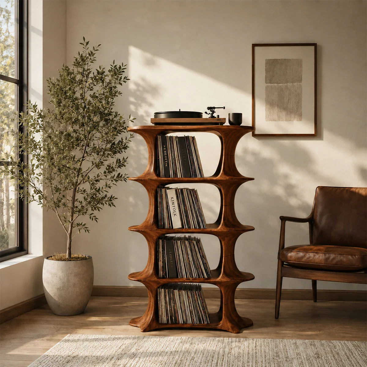Designer LP storage stand featuring curved shelving for records and audio equipment