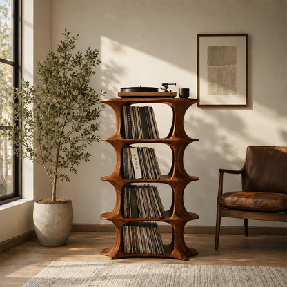 Designer LP storage stand featuring curved shelving for records and audio equipment