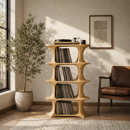 Contemporary record storage cabinet with open compartments for vinyl album display
