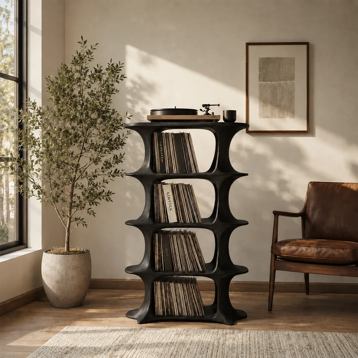Elegant turntable furniture with spacious LP storage and sculptural vertical shelves