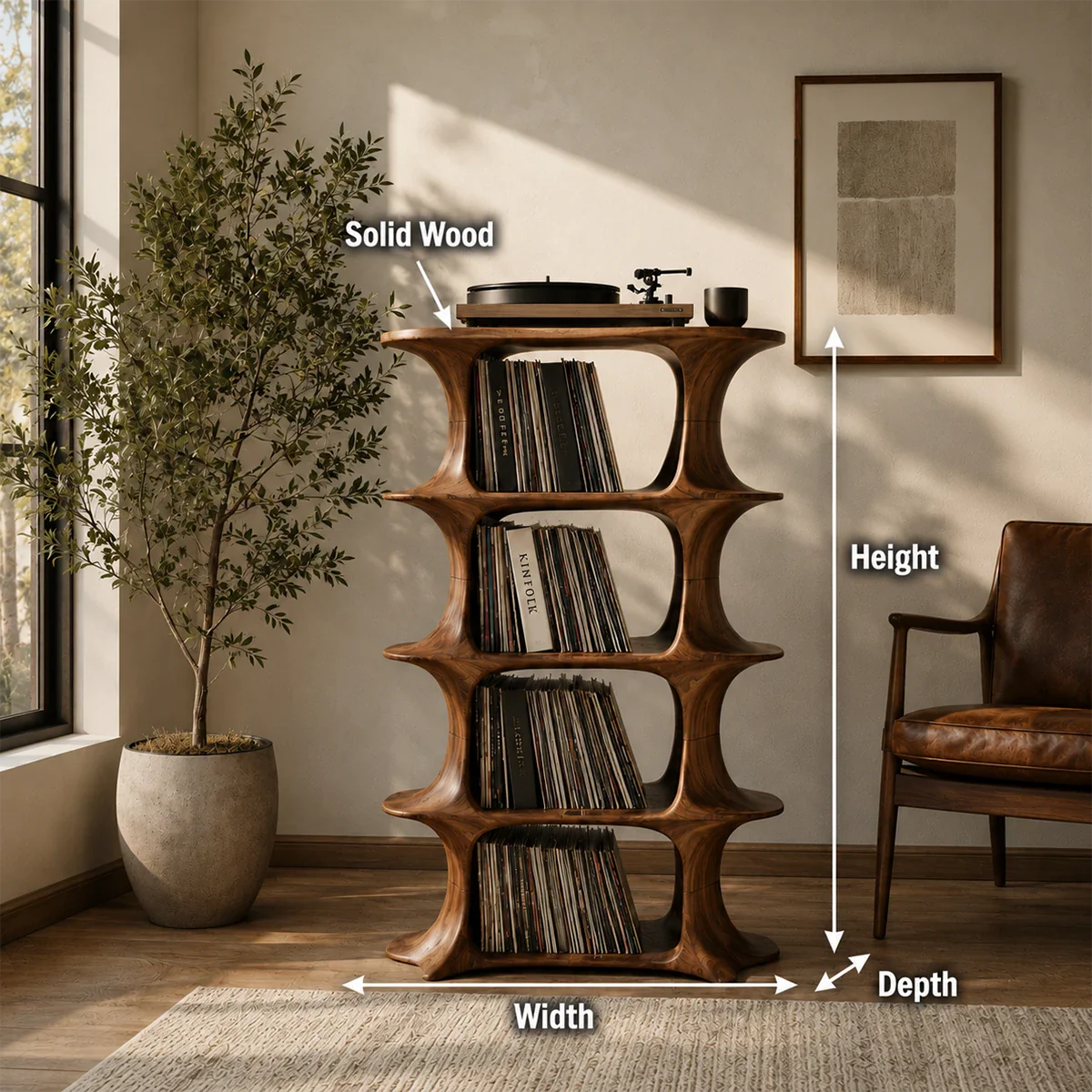 Premium vinyl record organizer featuring rounded shelving and turntable display top