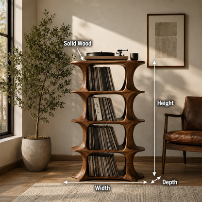 Premium vinyl record organizer featuring rounded shelving and turntable display top