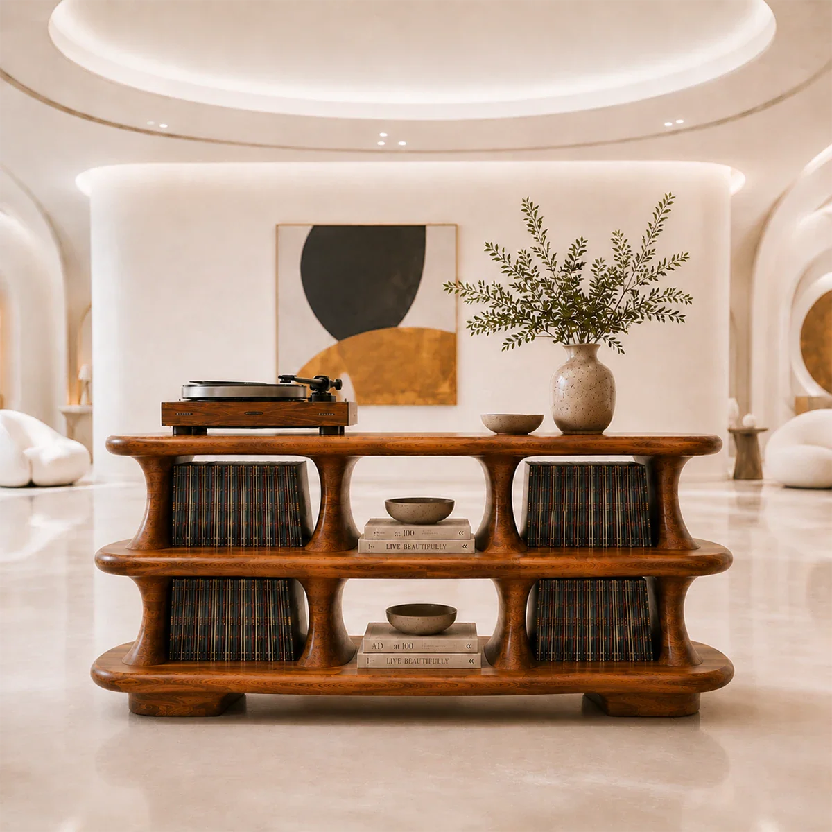 Contemporary media stand designed for record players and large vinyl collections