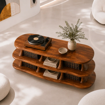 Organic modern vinyl storage furniture with dedicated turntable display surface