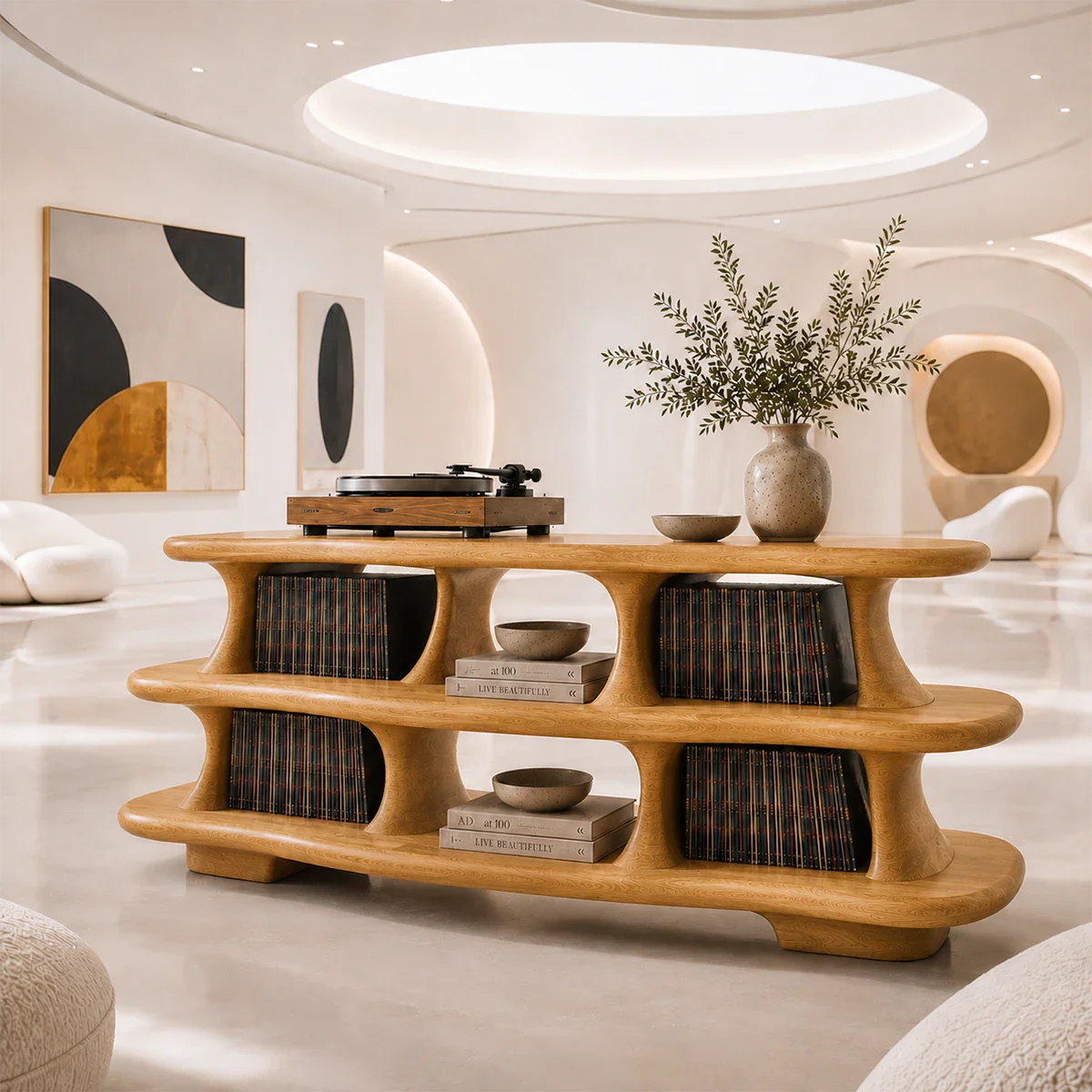 Contemporary record storage cabinet with open compartments for vinyl collections