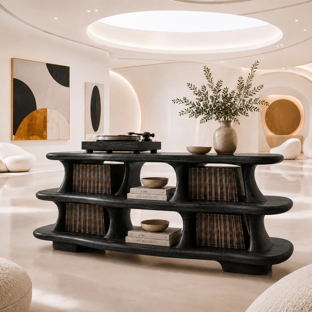 Elegant turntable furniture featuring generous LP storage and rounded open shelving