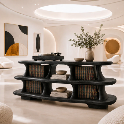 Elegant turntable furniture featuring generous LP storage and rounded open shelving